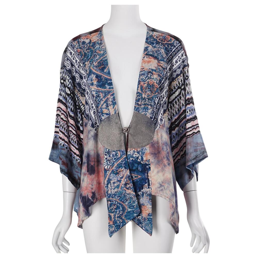 Sterling Styles Kimono Top One Size Blue Floral Tie-Dye Patchwork Boho